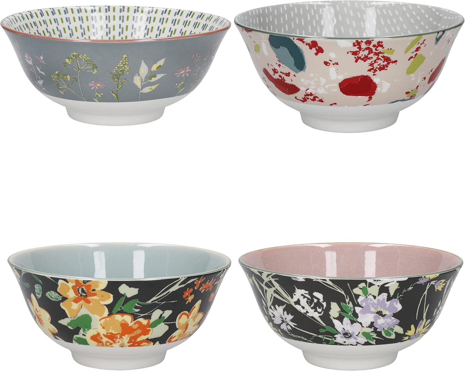 KitchenCraft Glazed Stoneware Bowl Set — Boho Floral (Set of 4)
