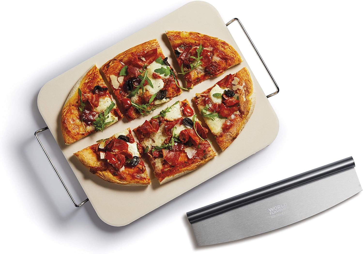KitchenCraft World of Flavours Pizza Stone and Rocking Cutter Set